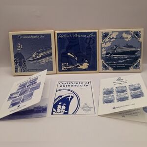 Holland America Line Ceramic Coaster Set of 3 w Certificates Nautical Blue